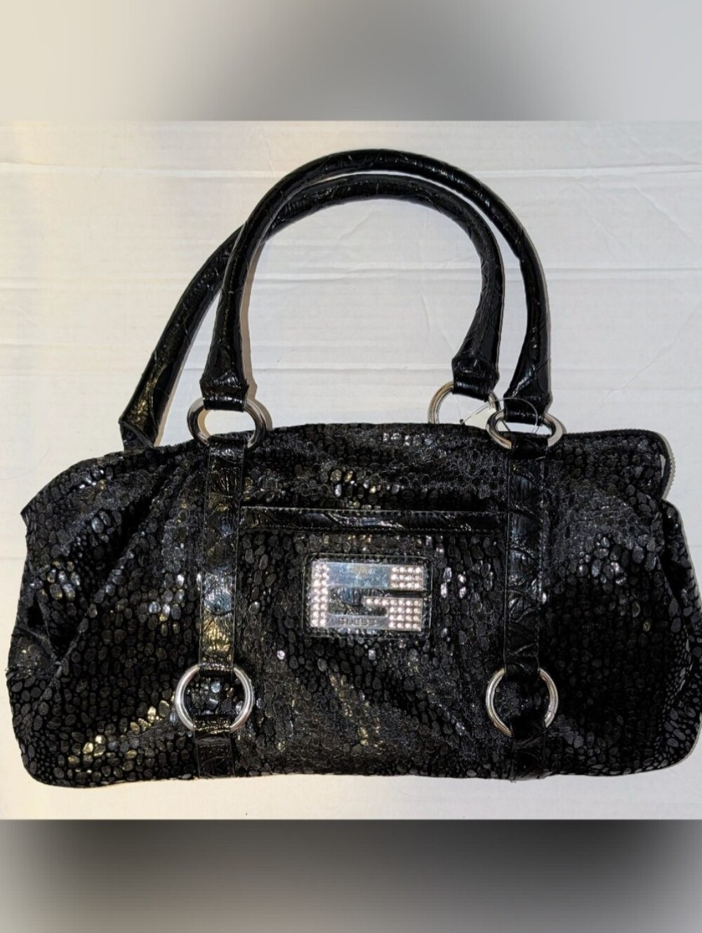 [NWT] VINTAGE Y2K GUESS BLING BAG Black Reptile Rhinestone G Logo DEADSTOCK MINT